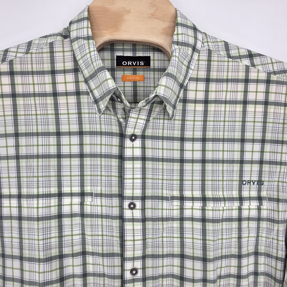 Orvis Active Fit Shirt Men XL Green Gingham Check Long Sleeve Button Down
